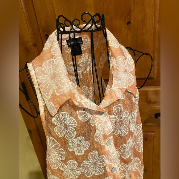 Wet Seal Sheer Button Up Front Tie Blouse Juniors Large Orange White Floral - Picture 3 of 6